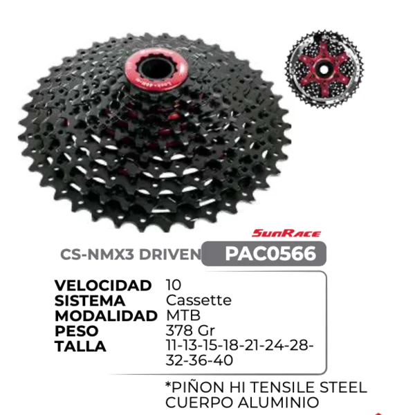 PACHA DRIVEN CASSETTE CS-NMX3 11/40 10VEL, NEG/ROJO, (BOX)- SUNRACE
